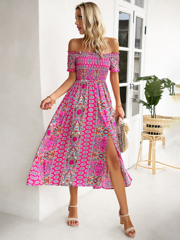 Midi Dresses- Boho Off-Shoulder Floral Slit Midi Dress with Smocked Bodice- - IndioGear Fashion and Gear