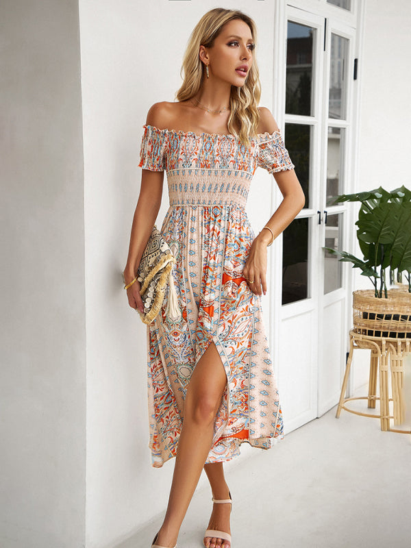 Midi Dresses- Boho Off-Shoulder Floral Slit Midi Dress with Smocked Bodice- - IndioGear Fashion and Gear