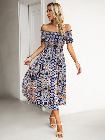 Midi Dresses- Boho Off-Shoulder Floral Slit Midi Dress with Smocked Bodice- - IndioGear Fashion and Gear