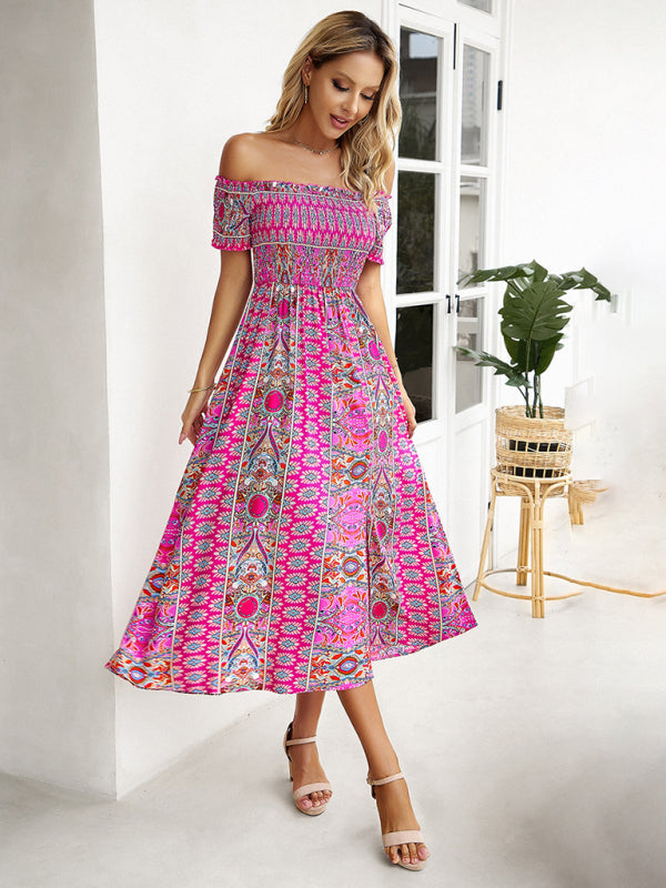 Midi Dresses- Boho Off-Shoulder Floral Slit Midi Dress with Smocked Bodice- - IndioGear Fashion and Gear