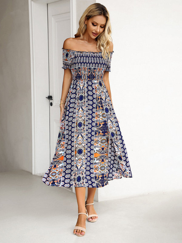 Midi Dresses- Boho Off-Shoulder Floral Slit Midi Dress with Smocked Bodice- - IndioGear Fashion and Gear