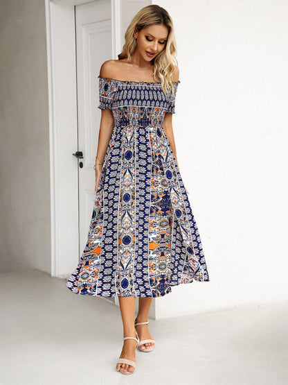 Midi Dresses- Boho Off-Shoulder Floral Slit Midi Dress with Smocked Bodice- - IndioGear Fashion and Gear