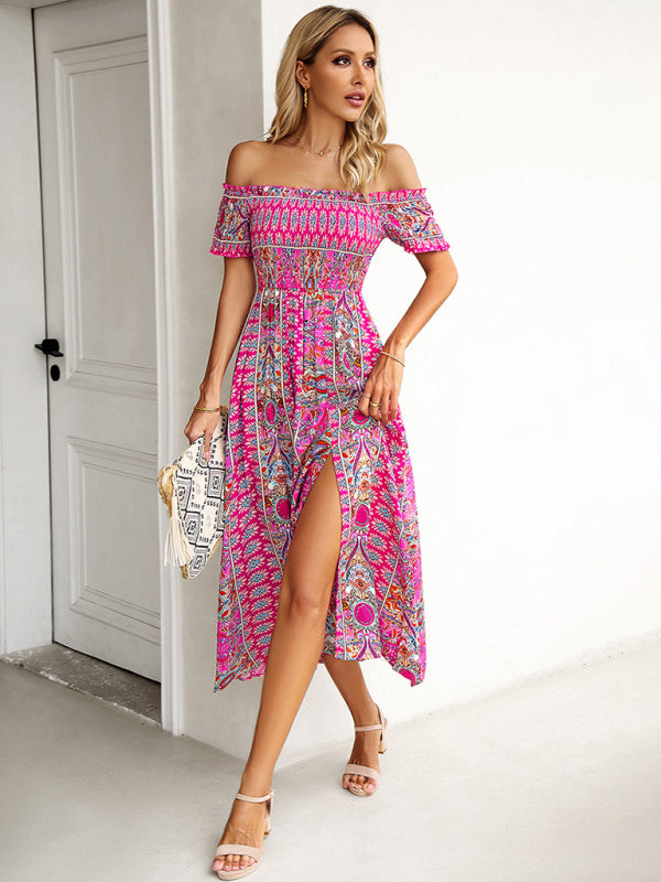 Midi Dresses- Boho Off-Shoulder Floral Slit Midi Dress with Smocked Bodice- Pink- IndioGear Fashion and Gear