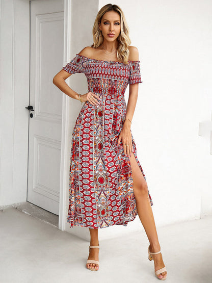 Midi Dresses- Boho Off-Shoulder Floral Slit Midi Dress with Smocked Bodice- - IndioGear Fashion and Gear