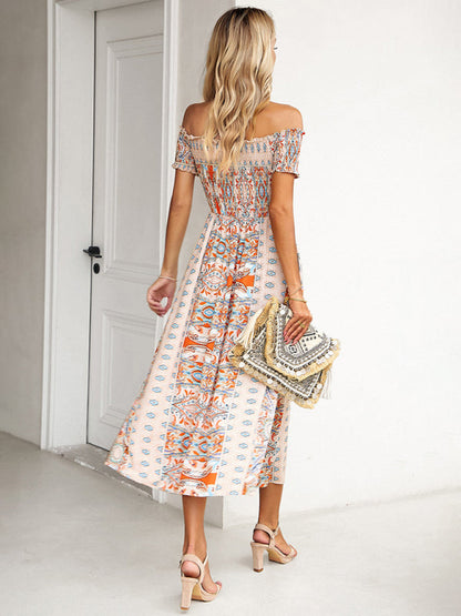 Midi Dresses- Boho Off-Shoulder Floral Slit Midi Dress with Smocked Bodice- - IndioGear Fashion and Gear