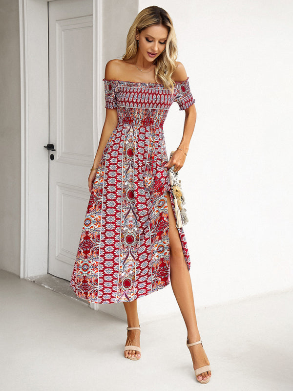 Midi Dresses- Boho Off-Shoulder Floral Slit Midi Dress with Smocked Bodice- - IndioGear Fashion and Gear