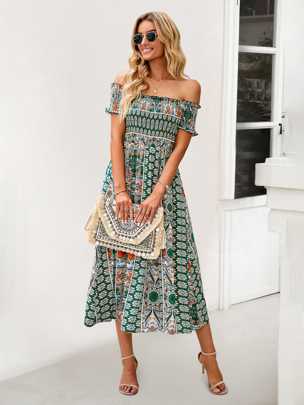 Midi Dresses- Boho Off-Shoulder Floral Slit Midi Dress with Smocked Bodice- - IndioGear Fashion and Gear