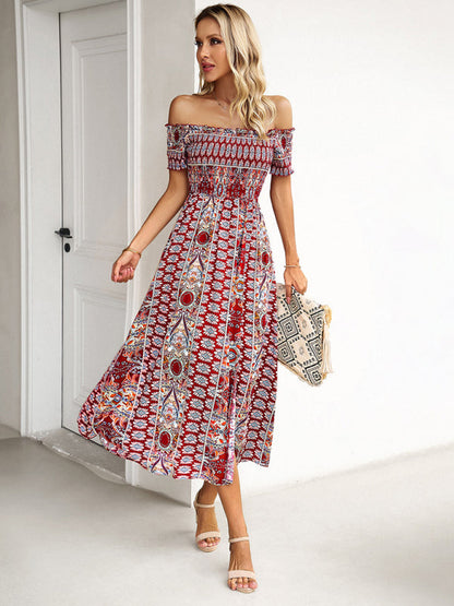 Midi Dresses- Boho Off-Shoulder Floral Slit Midi Dress with Smocked Bodice- - IndioGear Fashion and Gear