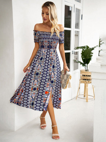 Midi Dresses- Boho Off-Shoulder Floral Slit Midi Dress with Smocked Bodice- - IndioGear Fashion and Gear