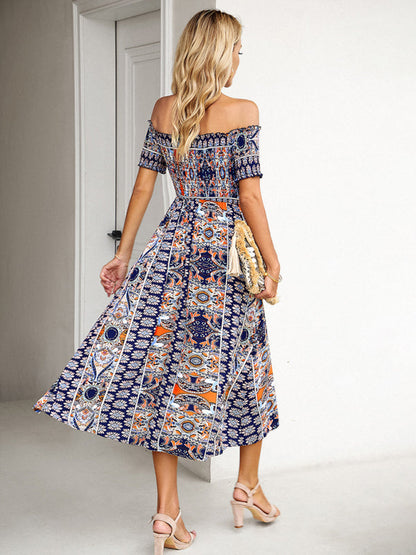 Midi Dresses- Boho Off-Shoulder Floral Slit Midi Dress with Smocked Bodice- - IndioGear Fashion and Gear