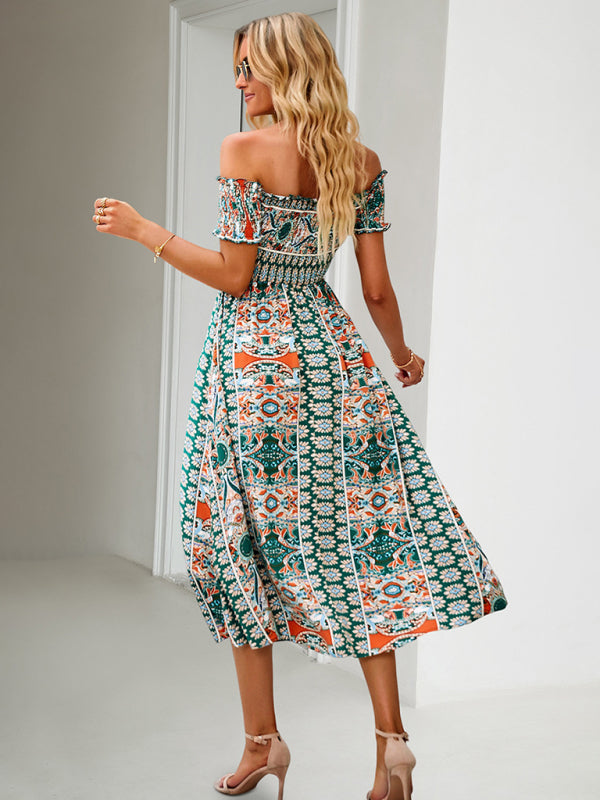 Midi Dresses- Boho Off-Shoulder Floral Slit Midi Dress with Smocked Bodice- - IndioGear Fashion and Gear