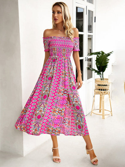 Midi Dresses- Boho Off-Shoulder Floral Slit Midi Dress with Smocked Bodice- - IndioGear Fashion and Gear