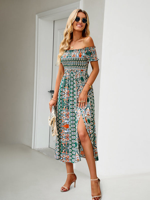 Midi Dresses- Boho Off-Shoulder Floral Slit Midi Dress with Smocked Bodice- - IndioGear Fashion and Gear