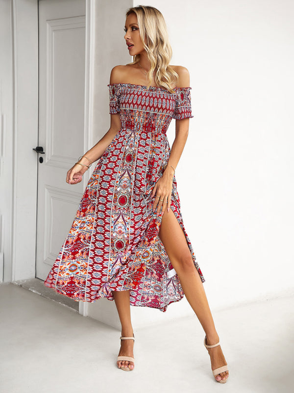 Midi Dresses- Boho Off-Shoulder Floral Slit Midi Dress with Smocked Bodice- - IndioGear Fashion and Gear