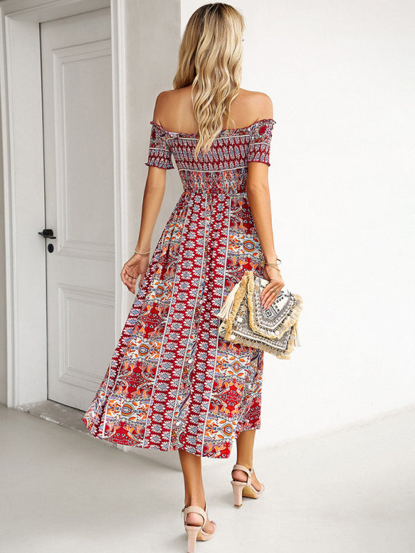 Midi Dresses- Boho Off-Shoulder Floral Slit Midi Dress with Smocked Bodice- - IndioGear Fashion and Gear