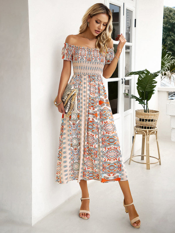 Midi Dresses- Boho Off-Shoulder Floral Slit Midi Dress with Smocked Bodice- - IndioGear Fashion and Gear