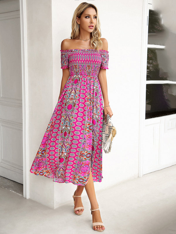 Midi Dresses- Boho Off-Shoulder Floral Slit Midi Dress with Smocked Bodice- - IndioGear Fashion and Gear