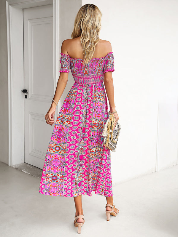 Midi Dresses- Boho Off-Shoulder Floral Slit Midi Dress with Smocked Bodice- - IndioGear Fashion and Gear