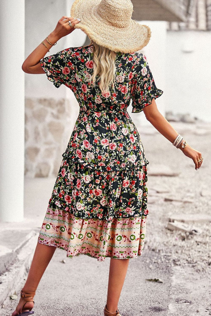 Midi Dresses- Boho Women's Floral Tiered Midi Dress with Waist Tie & Ruffle Accents- - Pekosa Women Clothing