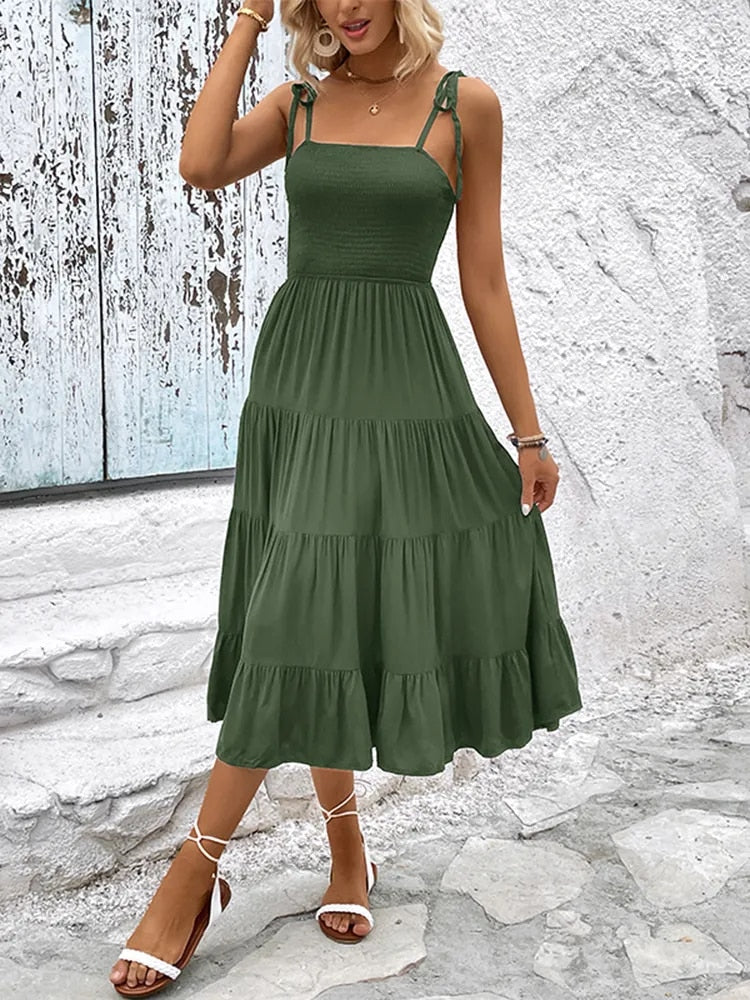 Midi Dresses- Casual Elegance: Shoulder-tie Tiered Cami Dress with Shirred Bodice- - IndioGear Fashion and Gear