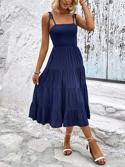 Midi Dresses- Casual Elegance: Shoulder-tie Tiered Cami Dress with Shirred Bodice- - IndioGear Fashion and Gear