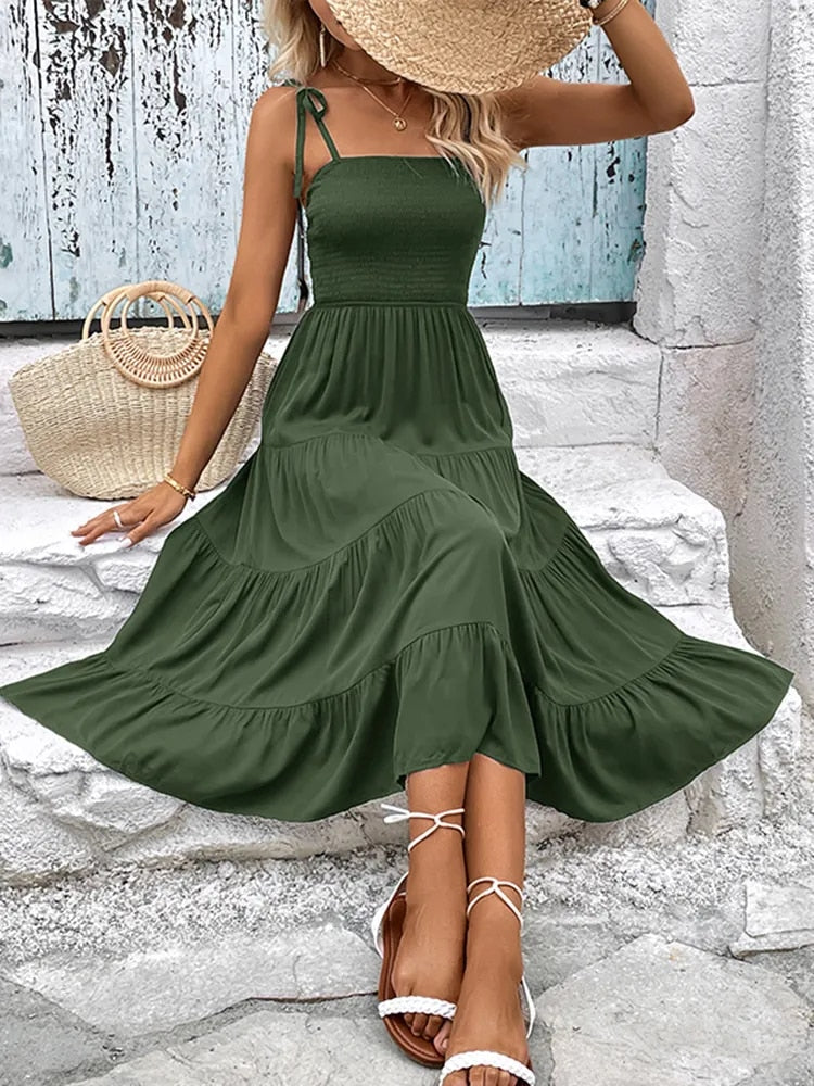 Midi Dresses- Casual Elegance: Shoulder-tie Tiered Cami Dress with Shirred Bodice- - IndioGear Fashion and Gear