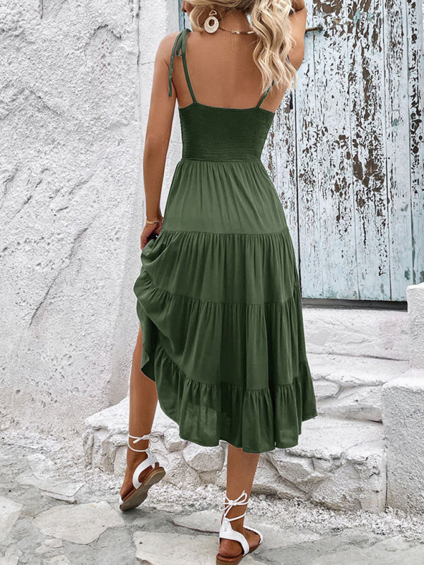 Midi Dresses- Casual Elegance: Shoulder-tie Tiered Cami Dress with Shirred Bodice- - IndioGear Fashion and Gear