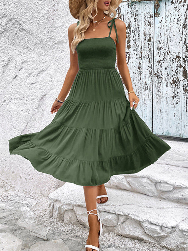 Midi Dresses- Casual Elegance: Shoulder-tie Tiered Cami Dress with Shirred Bodice- Green- IndioGear Fashion and Gear