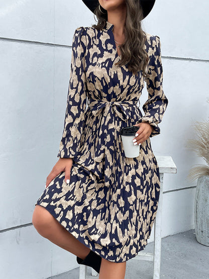 Midi Dresses- Chic and Flowy: Women's Long Sleeves Belted Pleated Midi Dress- - IndioGear Fashion and Gear