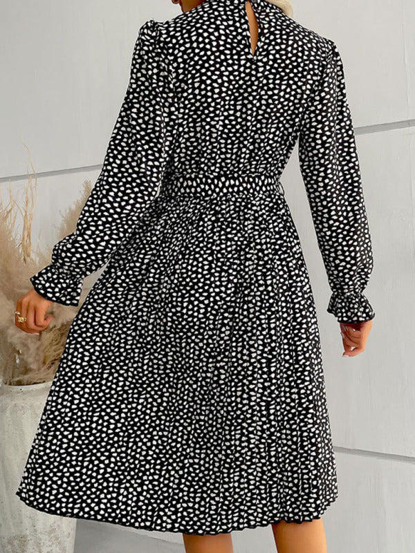 Midi Dresses- Dotty Autumn Long Sleeve Belted Dress- - IndioGear Fashion and Gear