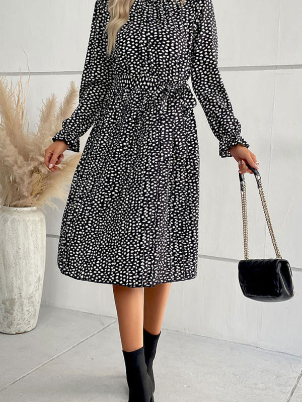 Midi Dresses- Dotty Autumn Long Sleeve Belted Dress- - IndioGear Fashion and Gear