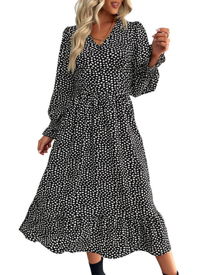 Midi Dresses- Dotty Print Elastic Waist Long Sleeve Ruffle Dress- - IndioGear Fashion and Gear