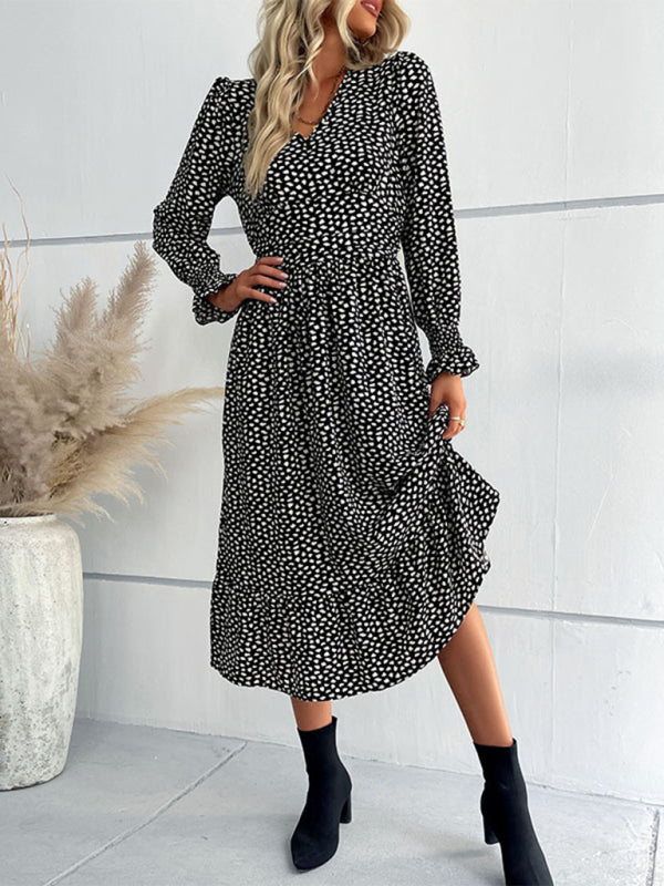 Midi Dresses- Dotty Print Elastic Waist Long Sleeve Ruffle Dress- - IndioGear Fashion and Gear