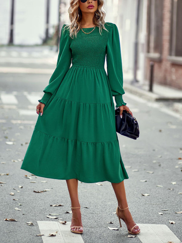 Midi Dresses- Elegant Smocked Midi Dress with Long Sleeves, Elasticized Bodice- - Pekosa Women Clothing