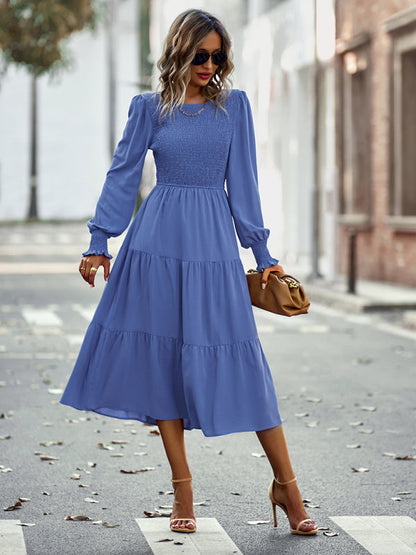 Midi Dresses- Elegant Smocked Midi Dress with Long Sleeves, Elasticized Bodice- - Pekosa Women Clothing