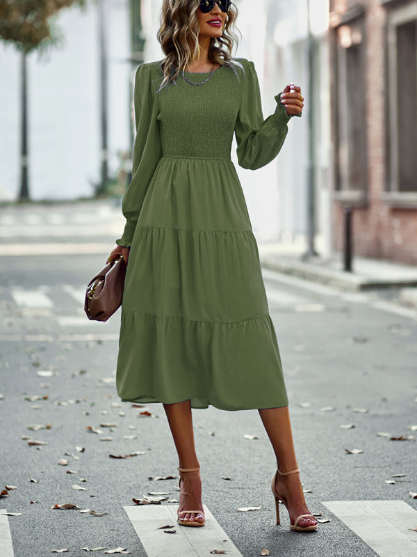 Midi Dresses- Elegant Smocked Midi Dress with Long Sleeves, Elasticized Bodice- - Pekosa Women Clothing