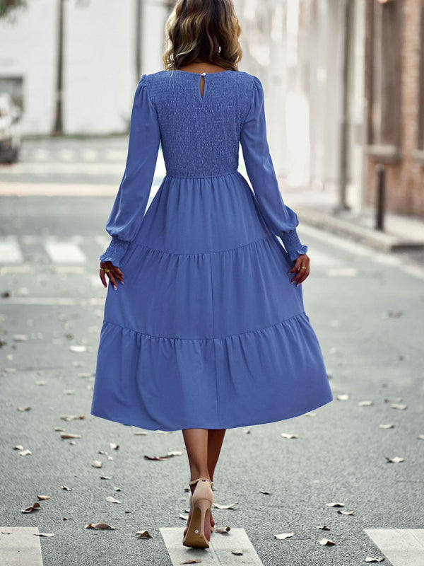 Midi Dresses- Elegant Smocked Midi Dress with Long Sleeves, Elasticized Bodice- - Pekosa Women Clothing