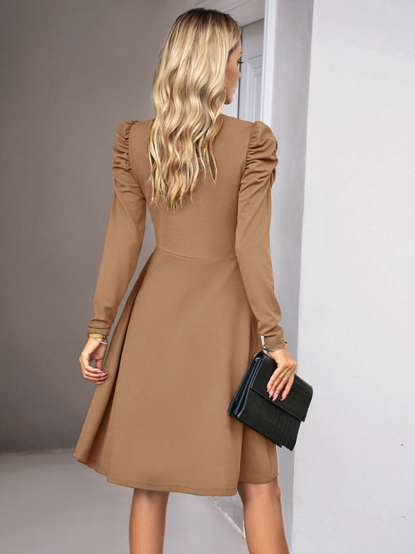 Midi Dresses- Elegant Solid A-line Surplice V-Neck Puff Long sleeve Midi Dress- - IndioGear Fashion and Gear