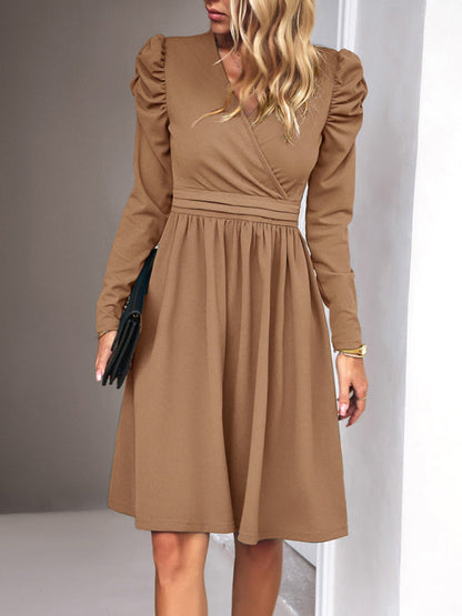 Midi Dresses- Elegant Solid A-line Surplice V-Neck Puff Long sleeve Midi Dress- - IndioGear Fashion and Gear