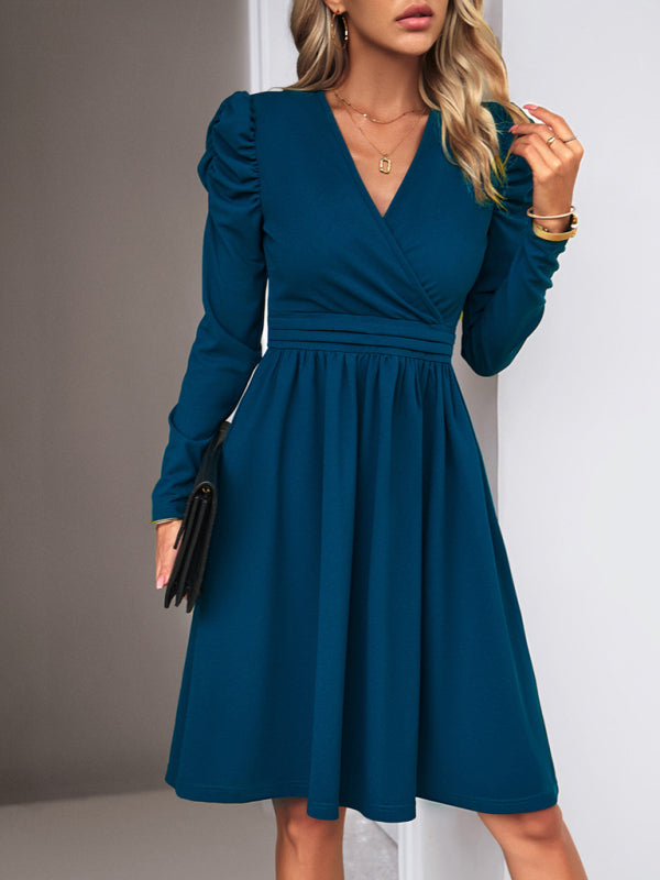 Midi Dresses- Elegant Solid A-line Surplice V-Neck Puff Long sleeve Midi Dress- - IndioGear Fashion and Gear