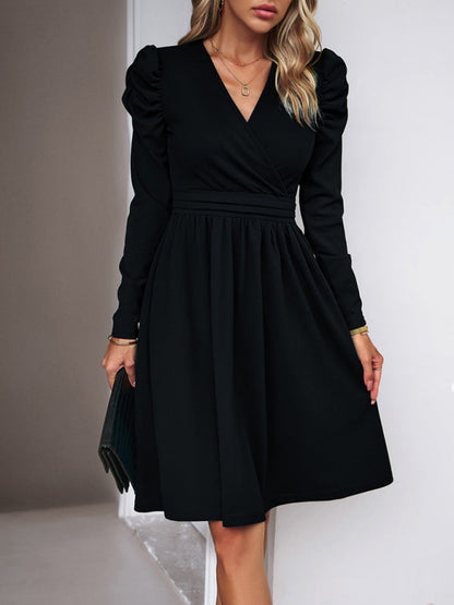 Midi Dresses- Elegant Solid A-line Surplice V-Neck Puff Long sleeve Midi Dress- - IndioGear Fashion and Gear