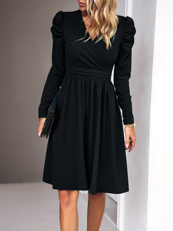 Midi Dresses- Elegant Solid A-line Surplice V-Neck Puff Long sleeve Midi Dress- - IndioGear Fashion and Gear