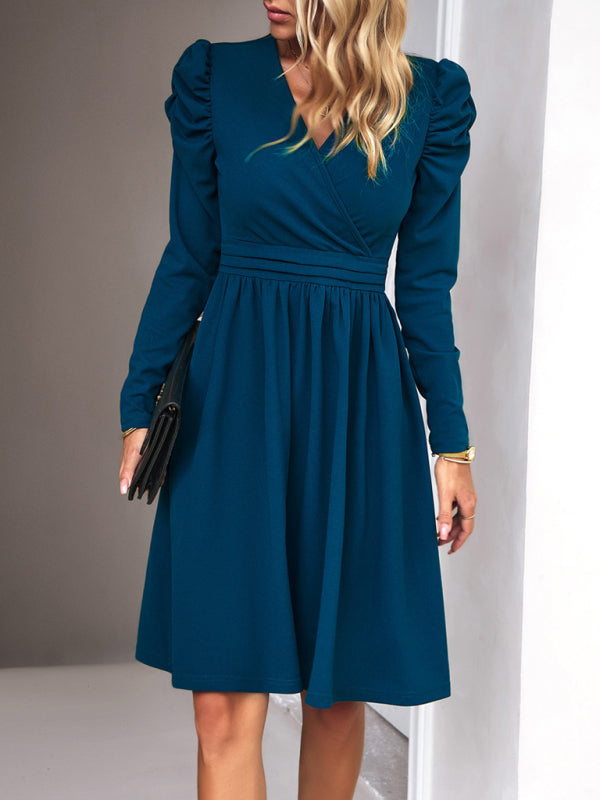 Midi Dresses- Elegant Solid A-line Surplice V-Neck Puff Long sleeve Midi Dress- - IndioGear Fashion and Gear