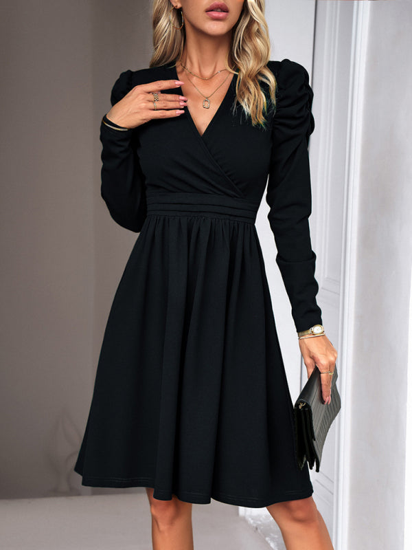 Midi Dresses- Elegant Solid A-line Surplice V-Neck Puff Long sleeve Midi Dress- Black- IndioGear Fashion and Gear