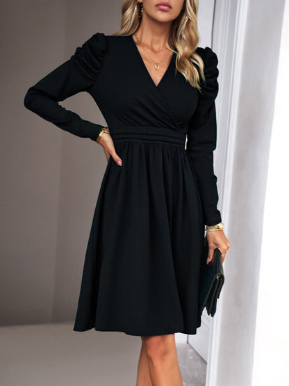 Midi Dresses- Elegant Solid A-line Surplice V-Neck Puff Long sleeve Midi Dress- - IndioGear Fashion and Gear