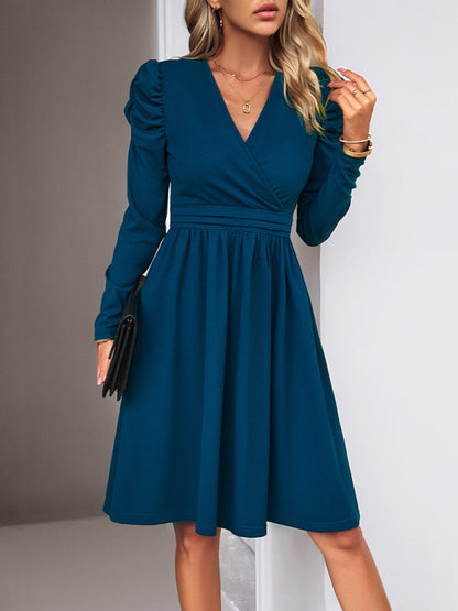 Midi Dresses- Elegant Solid A-line Surplice V-Neck Puff Long sleeve Midi Dress- Blue- IndioGear Fashion and Gear