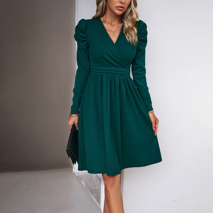 Midi Dresses- Elegant Solid A-line Surplice V-Neck Puff Long sleeve Midi Dress- Green- IndioGear Fashion and Gear