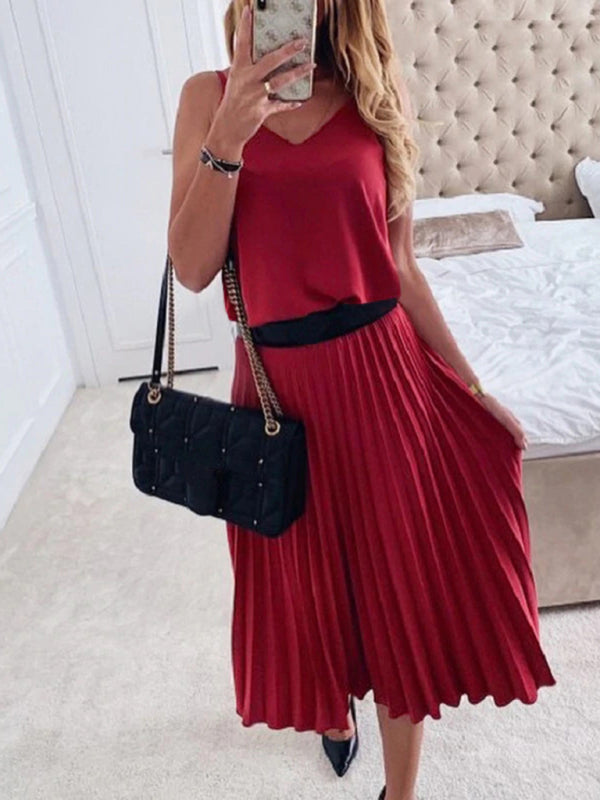 Midi Dresses- Elegant Solid Pleated A-Line Midi Cami Dress- Red- IndioGear Fashion and Gear