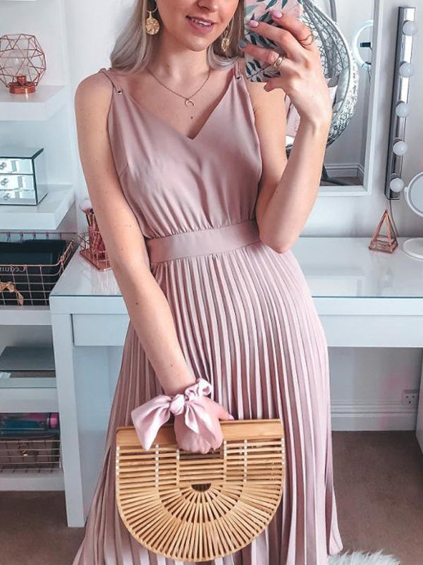 Midi Dresses- Elegant Solid Pleated A-Line Midi Cami Dress- Pink- IndioGear Fashion and Gear