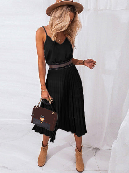 Midi Dresses- Elegant Solid Pleated A-Line Midi Cami Dress- Black- IndioGear Fashion and Gear